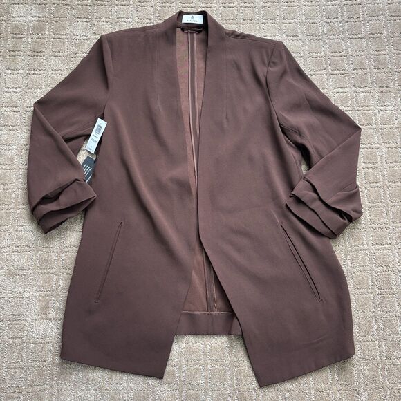 Babaton Power Hip Blazer Women's 10 Chocolate Brown Crepe Open Front Drape READ - Picture 3 of 11